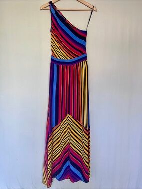 Spotlight by Warehouse 100% Silk One Shoulder Maxi Dress Rainbow Stripe US 4